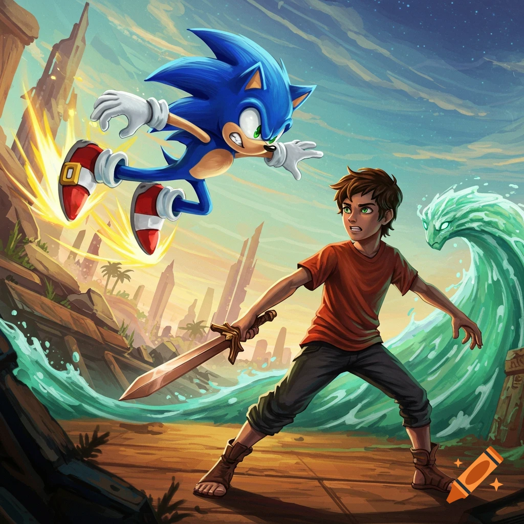 Sonic the Hedgehog flies towards Percy Jackson holding a sword with a water creature wave behind them on a shore.