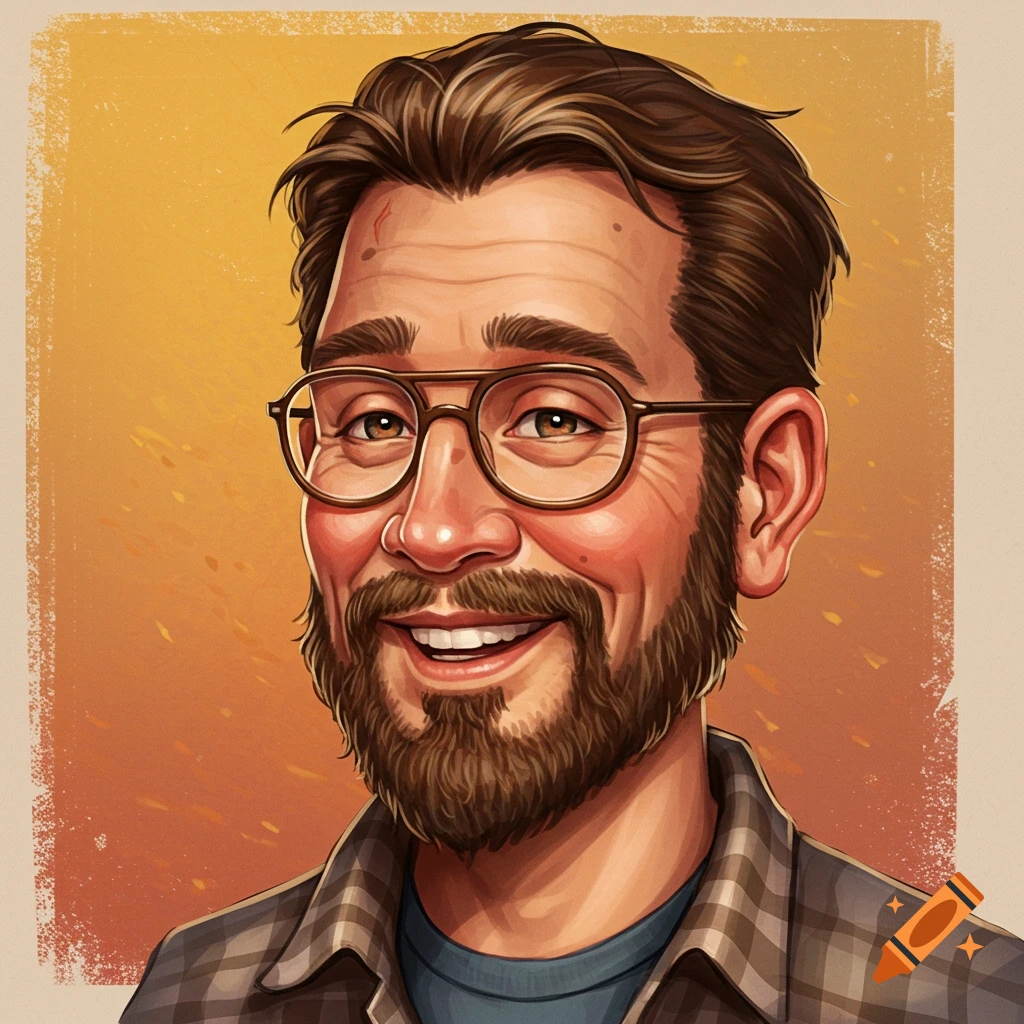 Stylized illustration of a man with glasses and a beard smiling