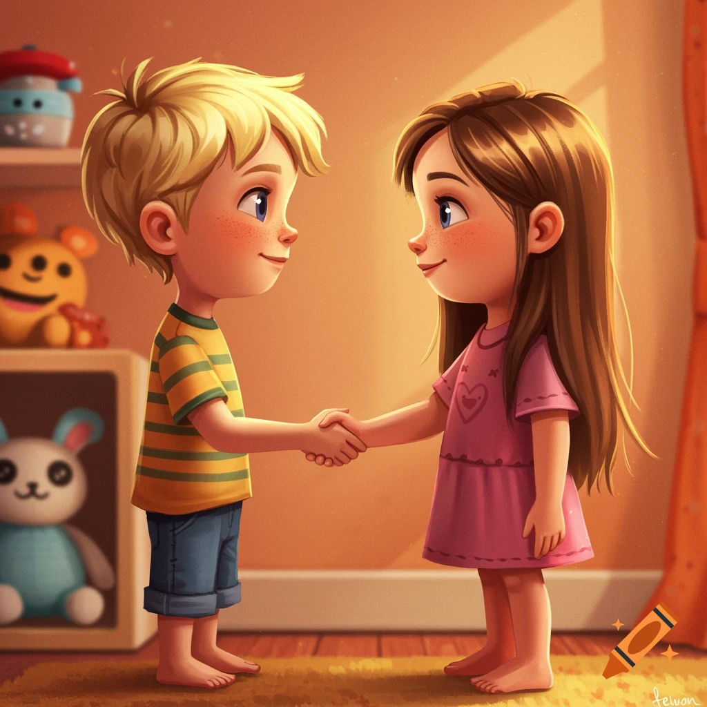 Cartoon illustration of two children shaking hands in a room.