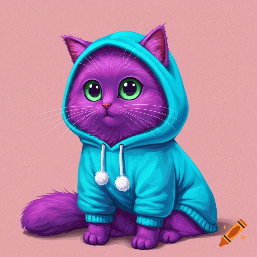 A cute purple cat wearing a bright blue hoodie sits on a pink background.