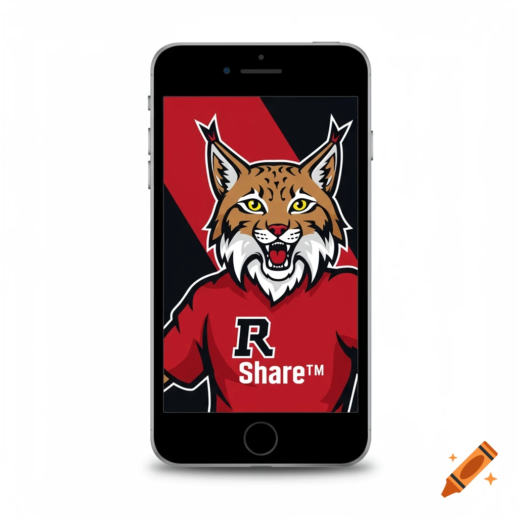 A phone screen displaying a lynx mascot illustration wearing a red shirt with 'R Share™' text.