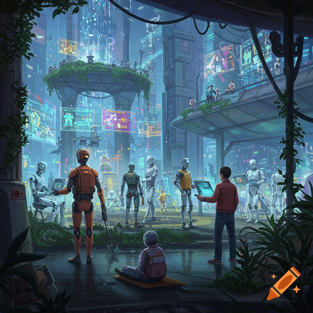 A vibrant, futuristic city at night where humans and robots interact amidst glowing screens and integrated vegetation.