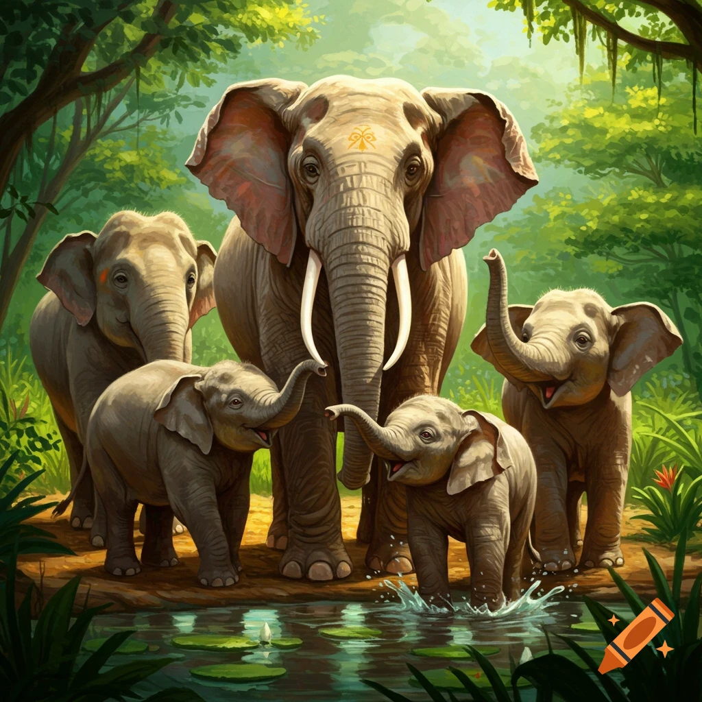 A family of elephants, including adult and calves, stands by a pond in a lush jungle.