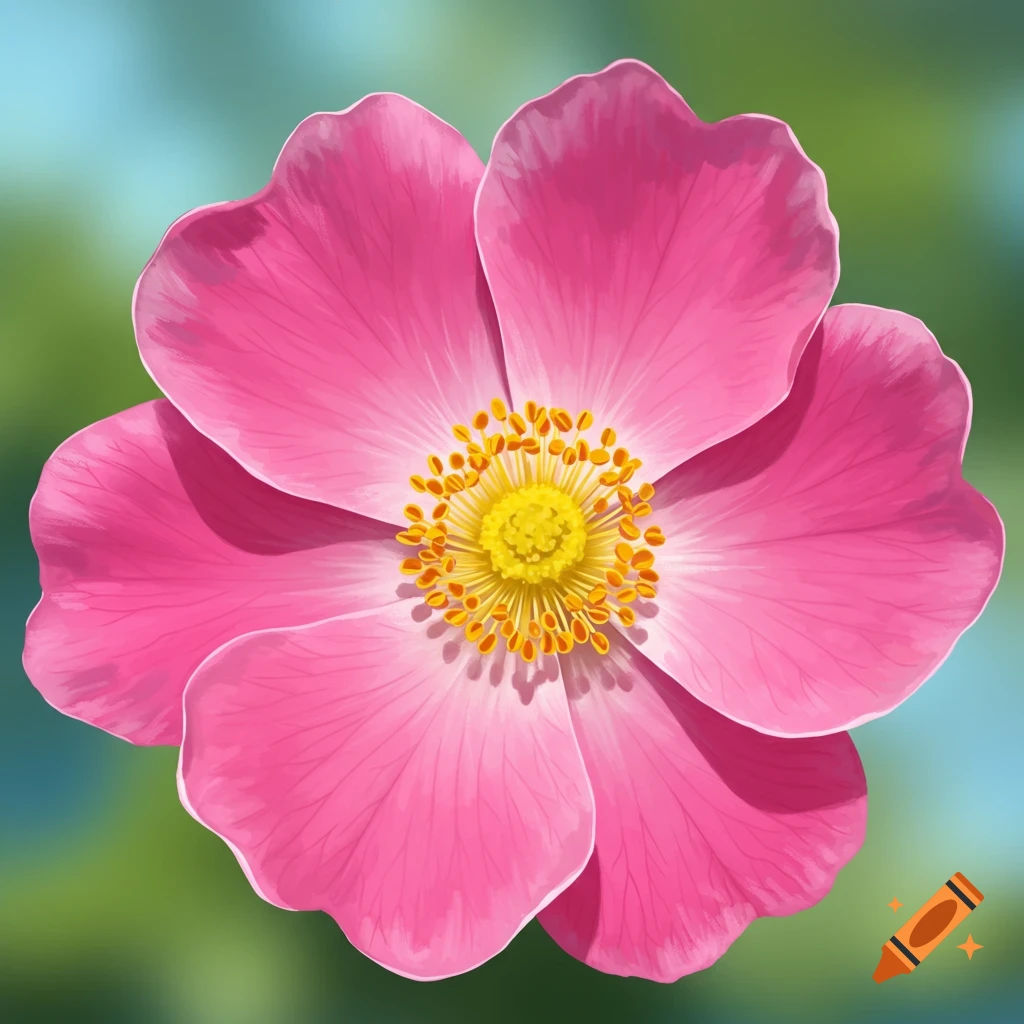 Close-up digital illustration of a pink flower with a yellow center and stamens against a blurred background.