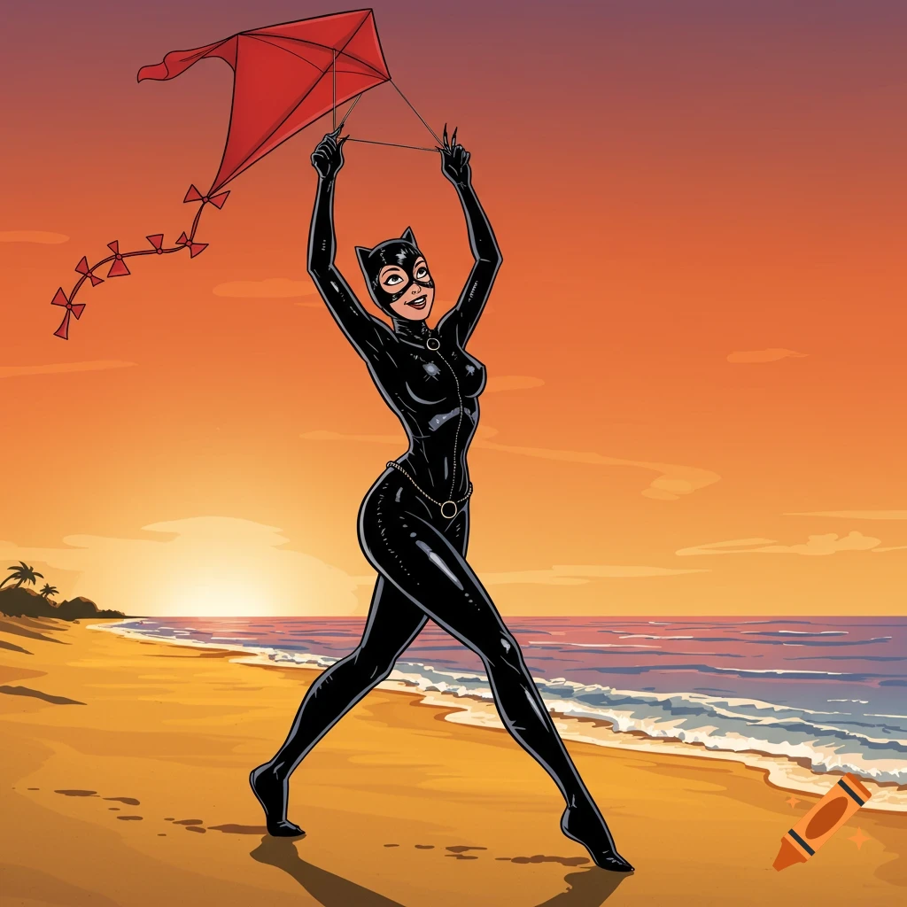 Catwoman flying a red kite on a beach at sunset, pop art style.