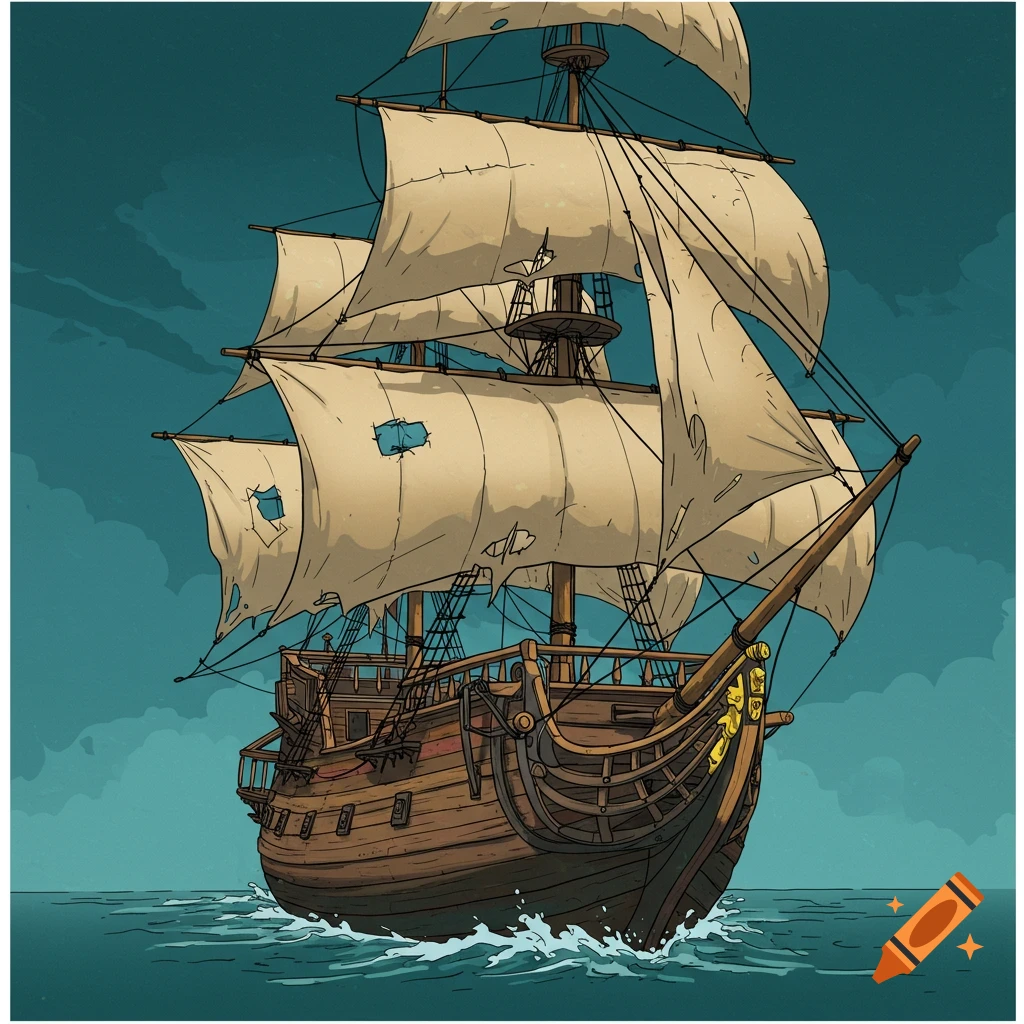 An illustration of an old pirate ship sailing on the sea.