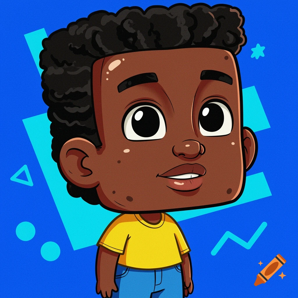 Cartoon illustration of a boy with a square head wearing a yellow shirt and blue pants on a blue background with abstract shapes.