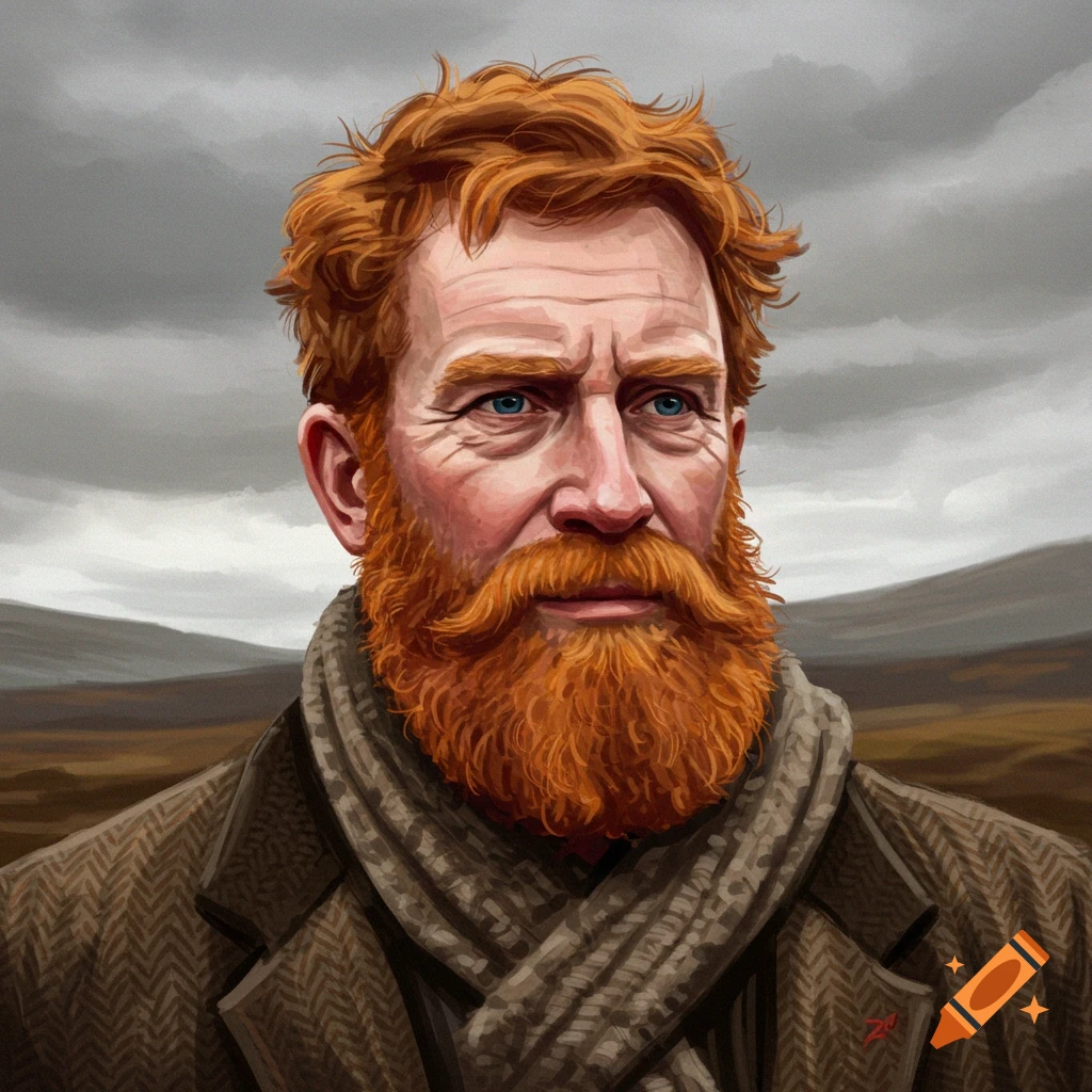 Stylized portrait of a man with red hair and beard, wearing a scarf, against a cloudy landscape.