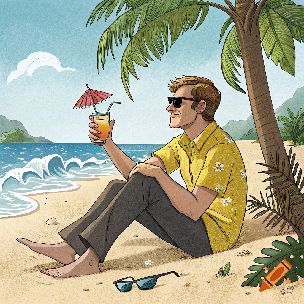An illustration of a man relaxing on a beach under a palm tree, holding a drink.