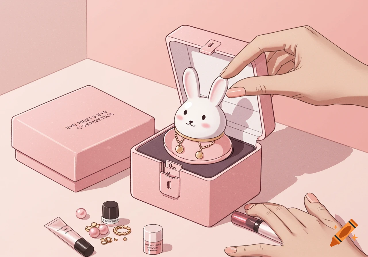 Illustration of hands placing a rabbit jewelry dish in a pink cosmetics box, with cosmetic items nearby.
