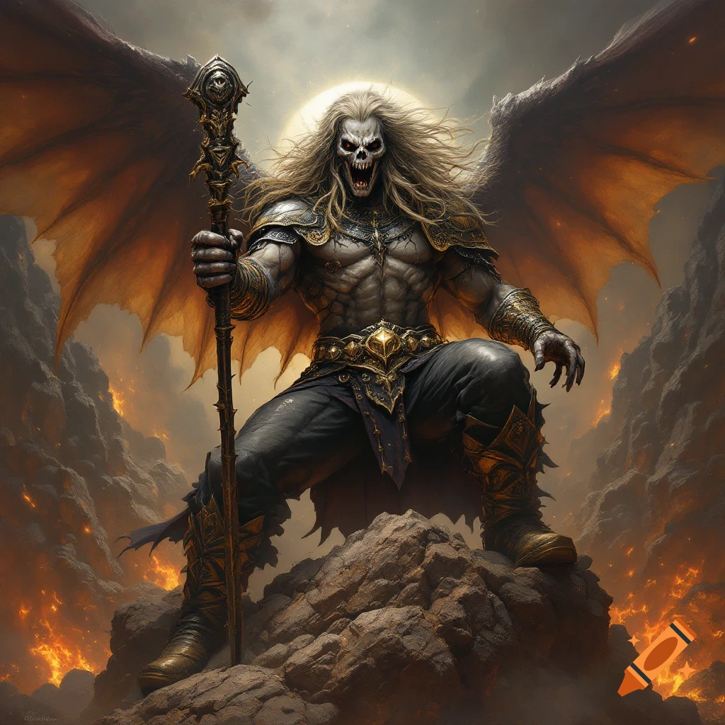 Skeletal winged monster with staff sits on rock in fiery landscape