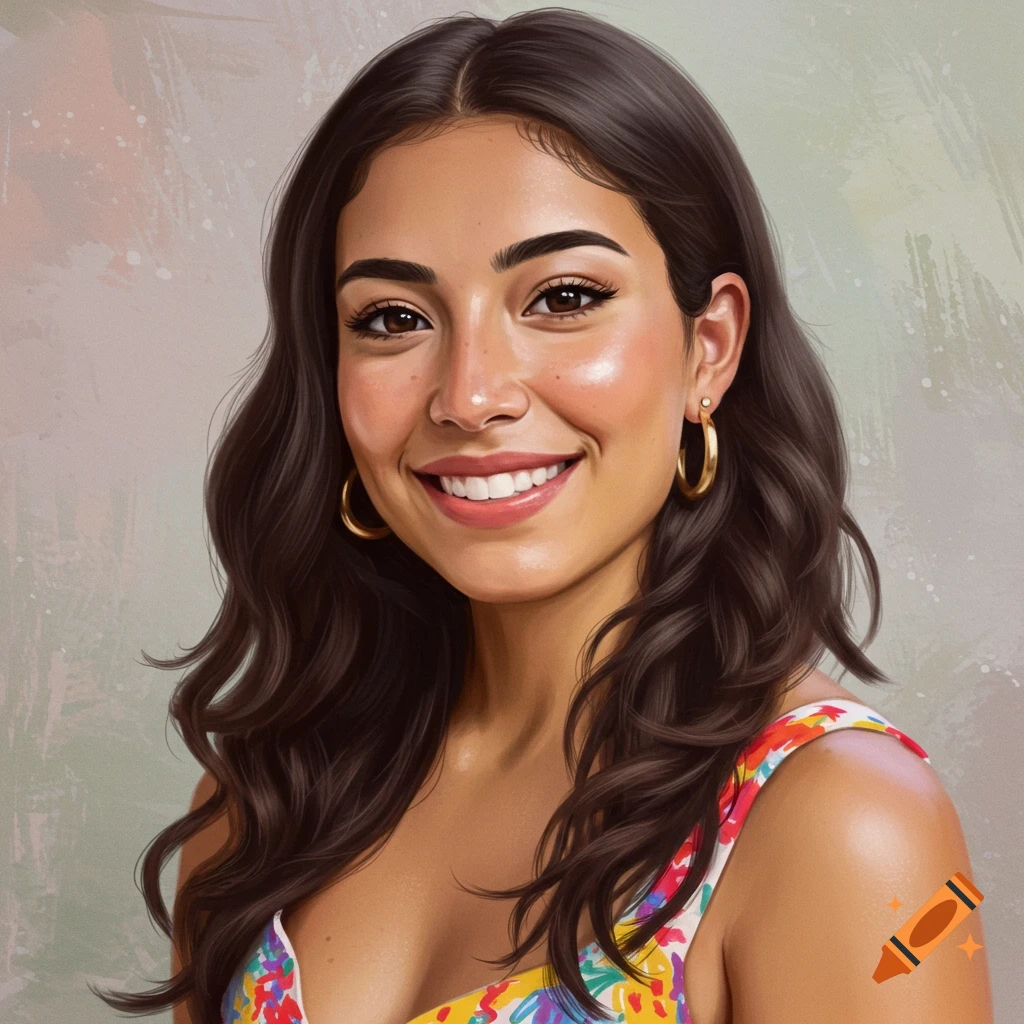 Smiling woman in a colorful dress, stylized portrait.