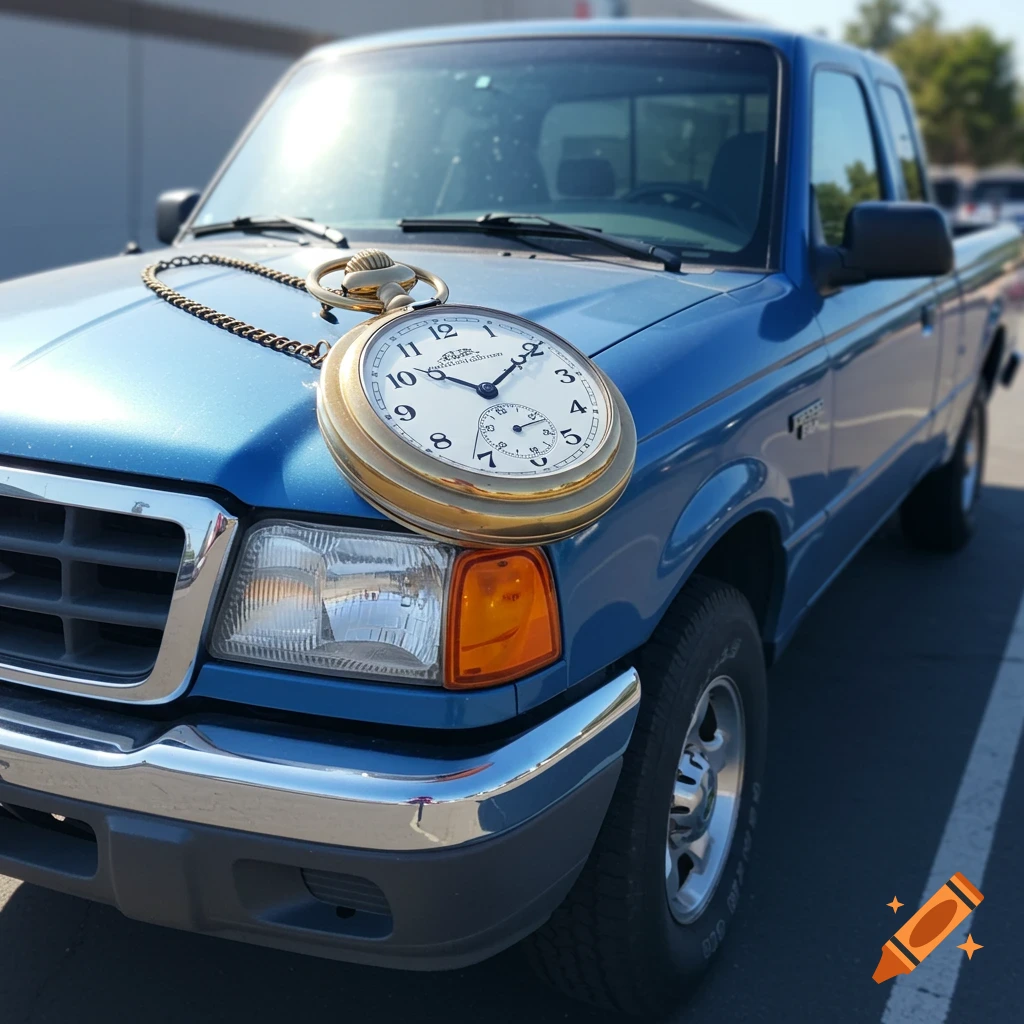 A pocket watch with a chain sits on the headlight of a blue truck.