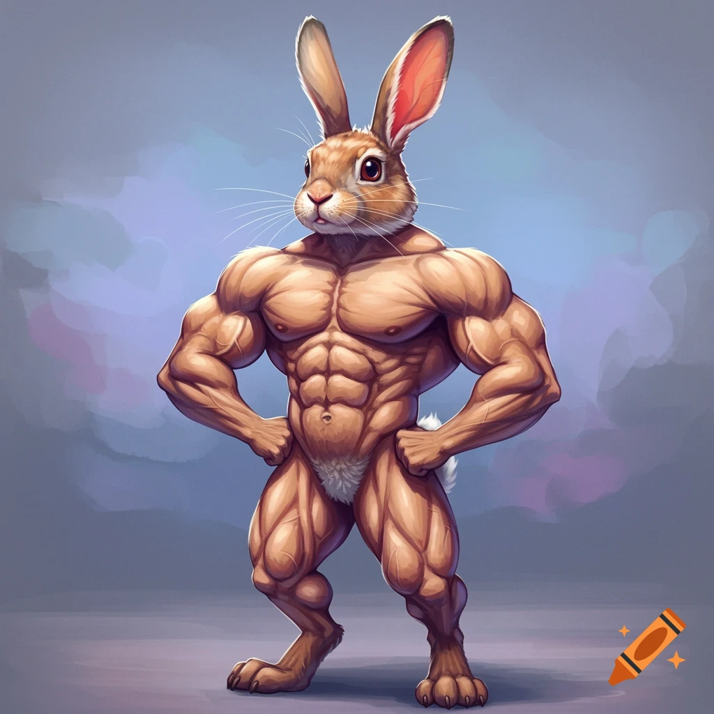 A muscular rabbit stands posing with hands on hips.