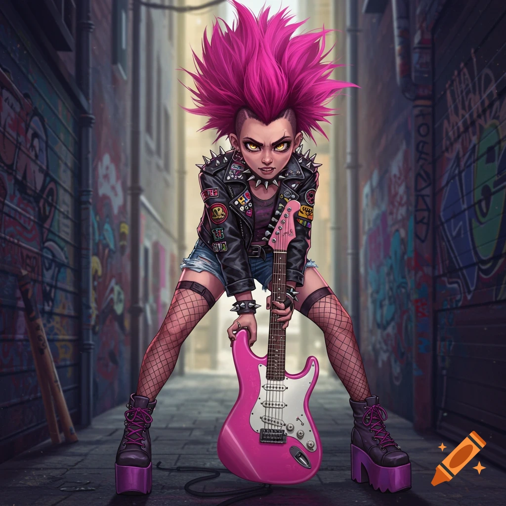 A punk girl with pink spiked hair and studded jacket holds a pink guitar in a graffiti-covered alley.
