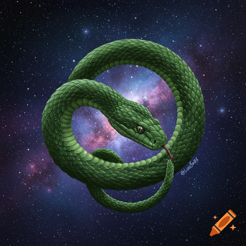 Green snake coiled around a nebula in space illustration