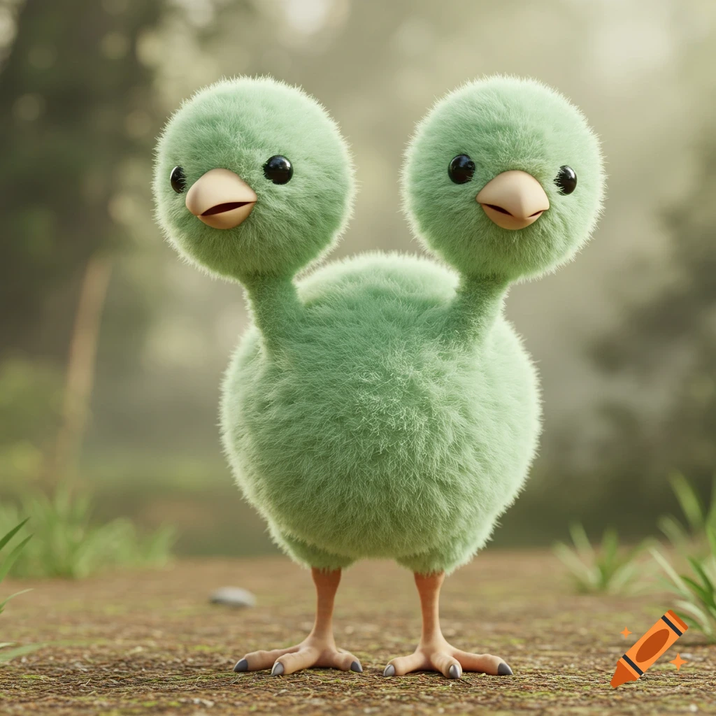 A fluffy, two-headed green creature resembling Doduo stands on a forest path.