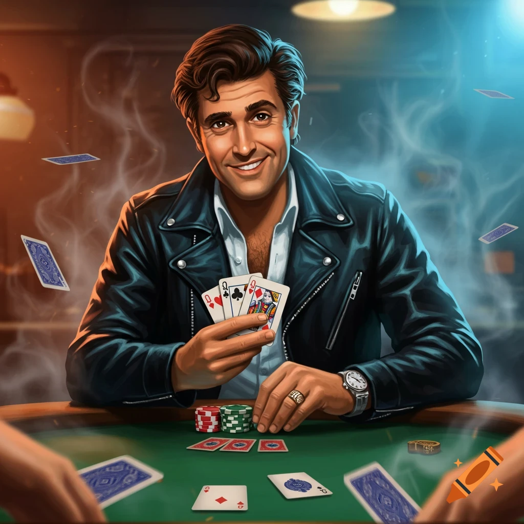 A man in a leather jacket smiles while holding a poker hand at a card table.