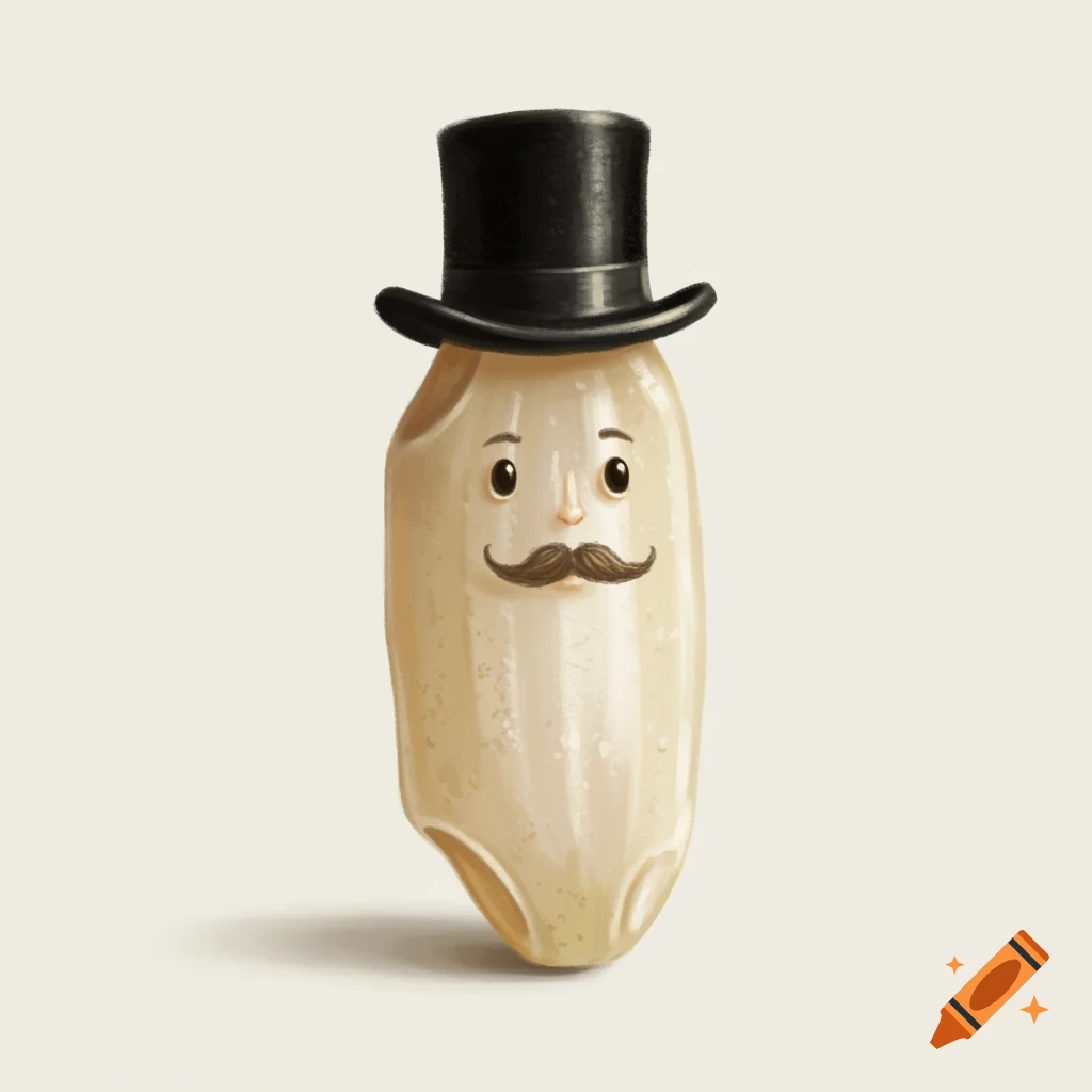 A cartoon-style illustration of a grain of rice wearing a top hat and mustache.