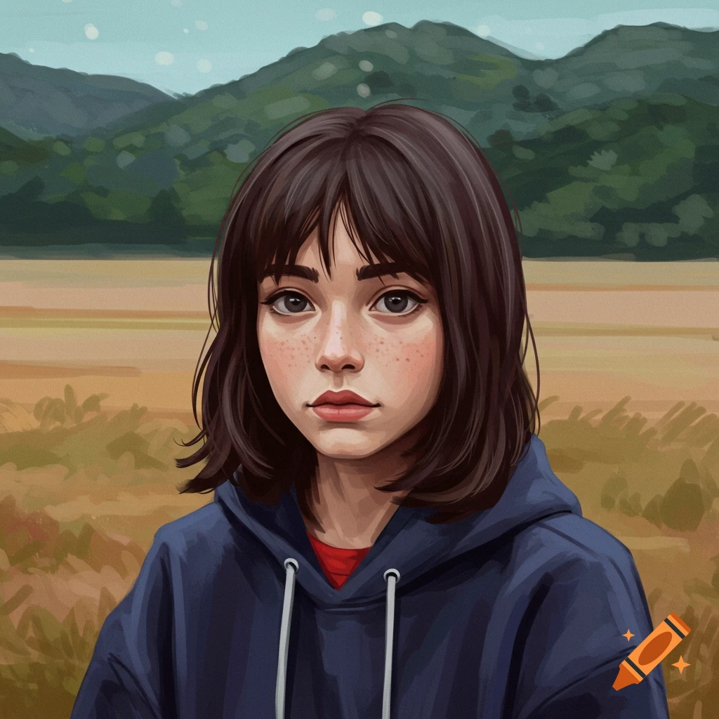 A young girl with short brown hair and freckles wears a blue hoodie while standing in a field with mountains in the background.