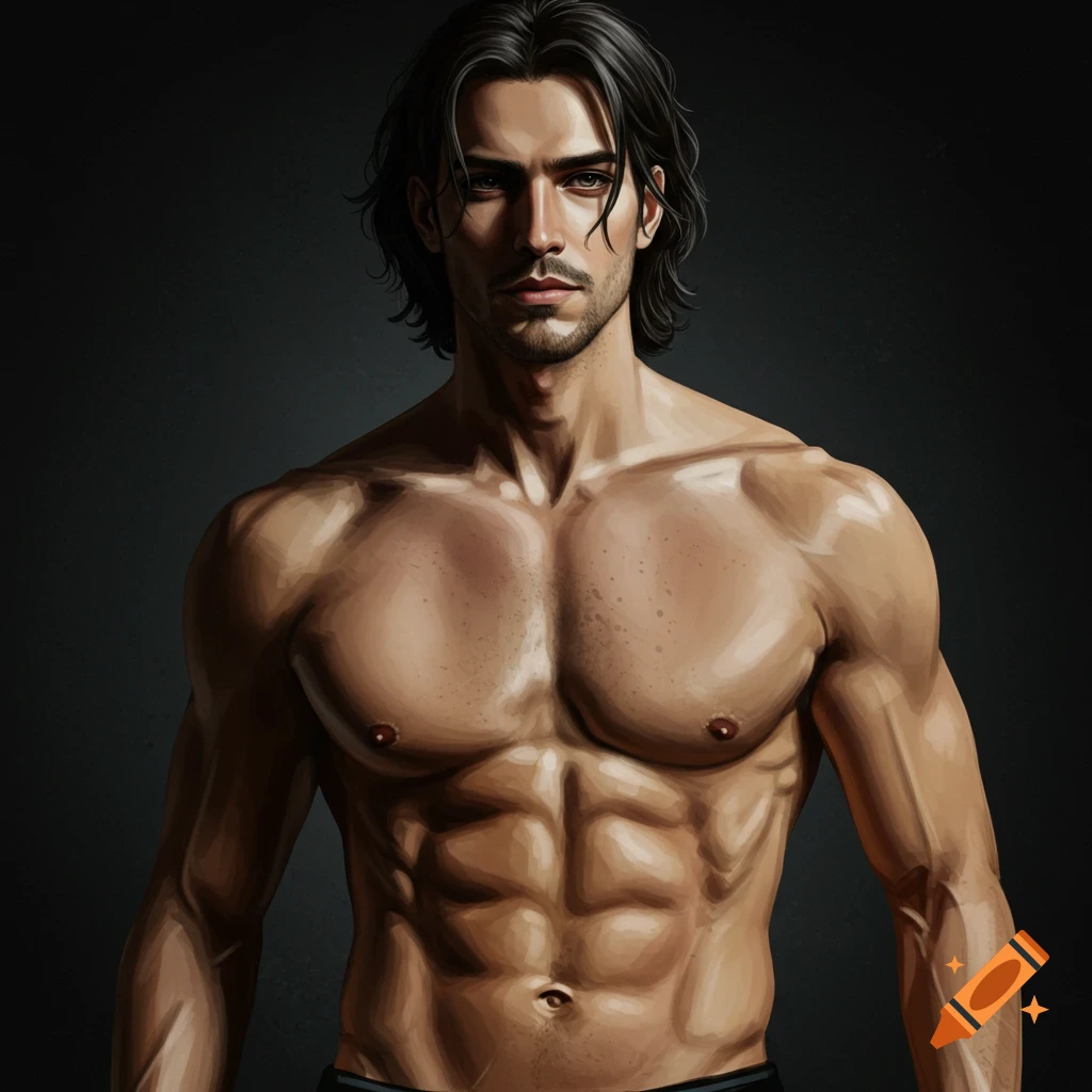 A muscular man with dark hair stands against a dark background.