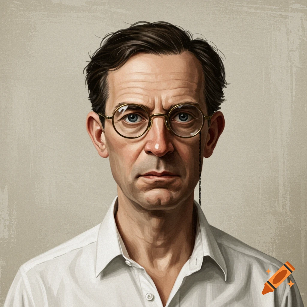 A painted portrait of a serious man wearing glasses and a monocle.