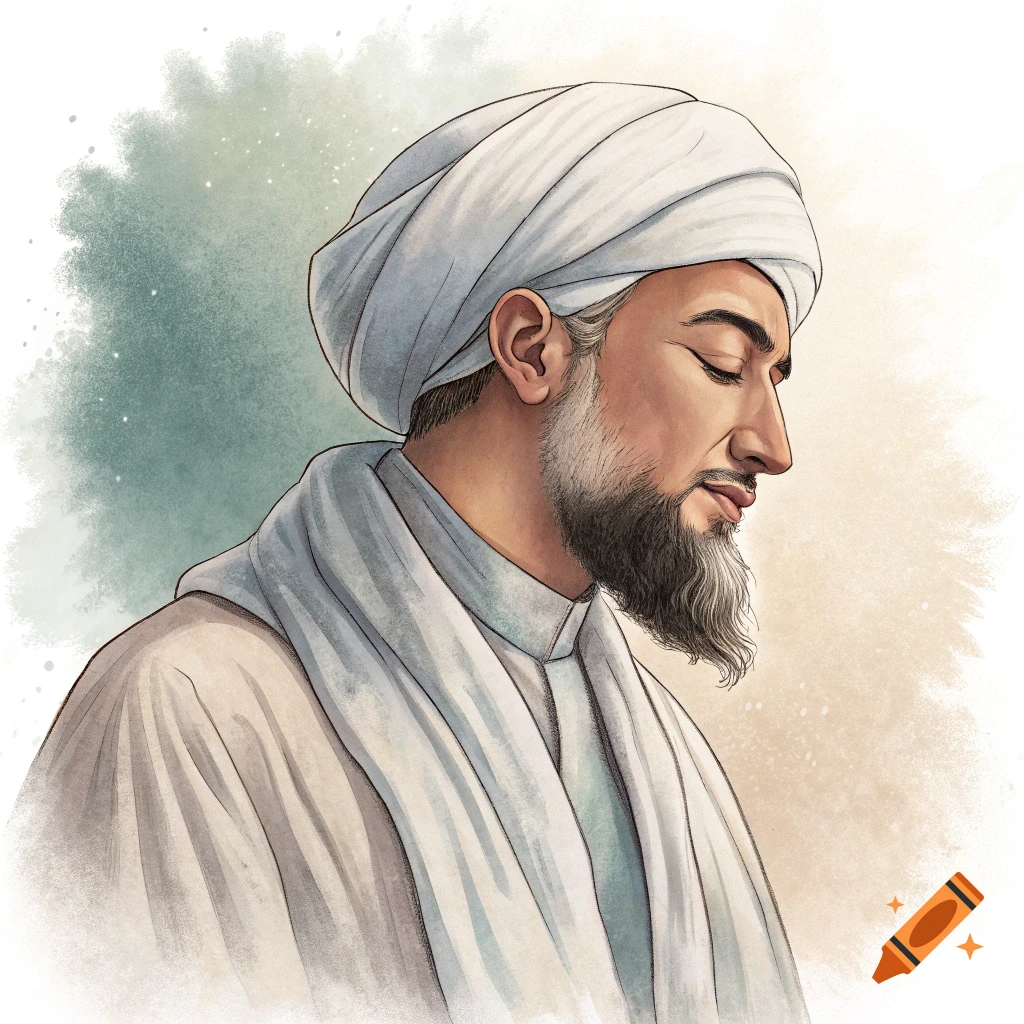 Illustration portrait of a man with a beard and white turban, looking downwards, in a watercolor style.