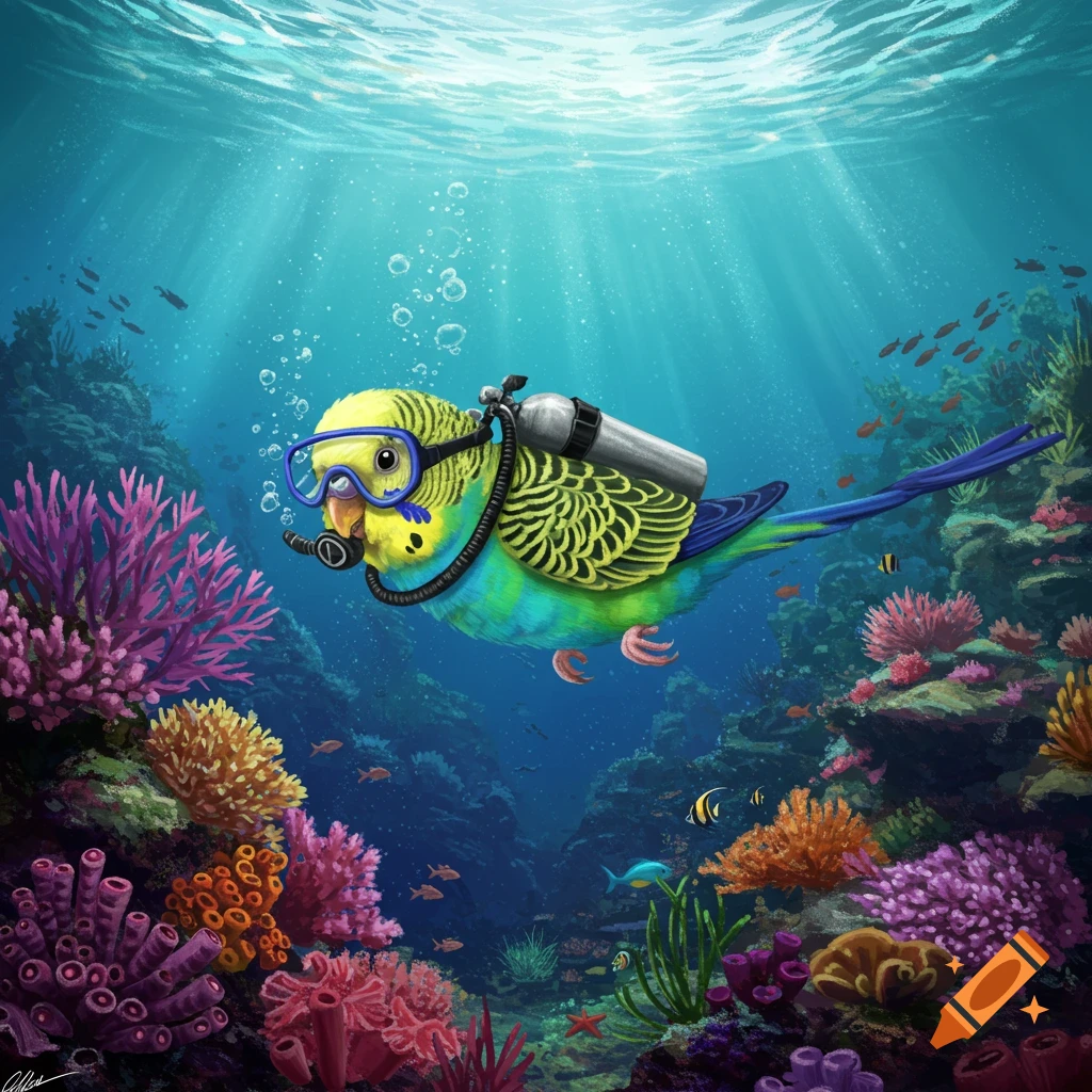 An illustration of a parakeet wearing scuba gear and diving near a colorful coral reef.