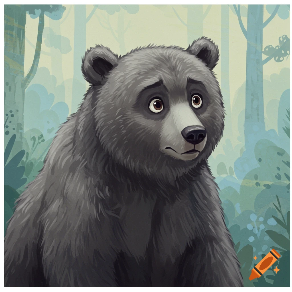 Illustration of a sad or confused grey bear in a forest.