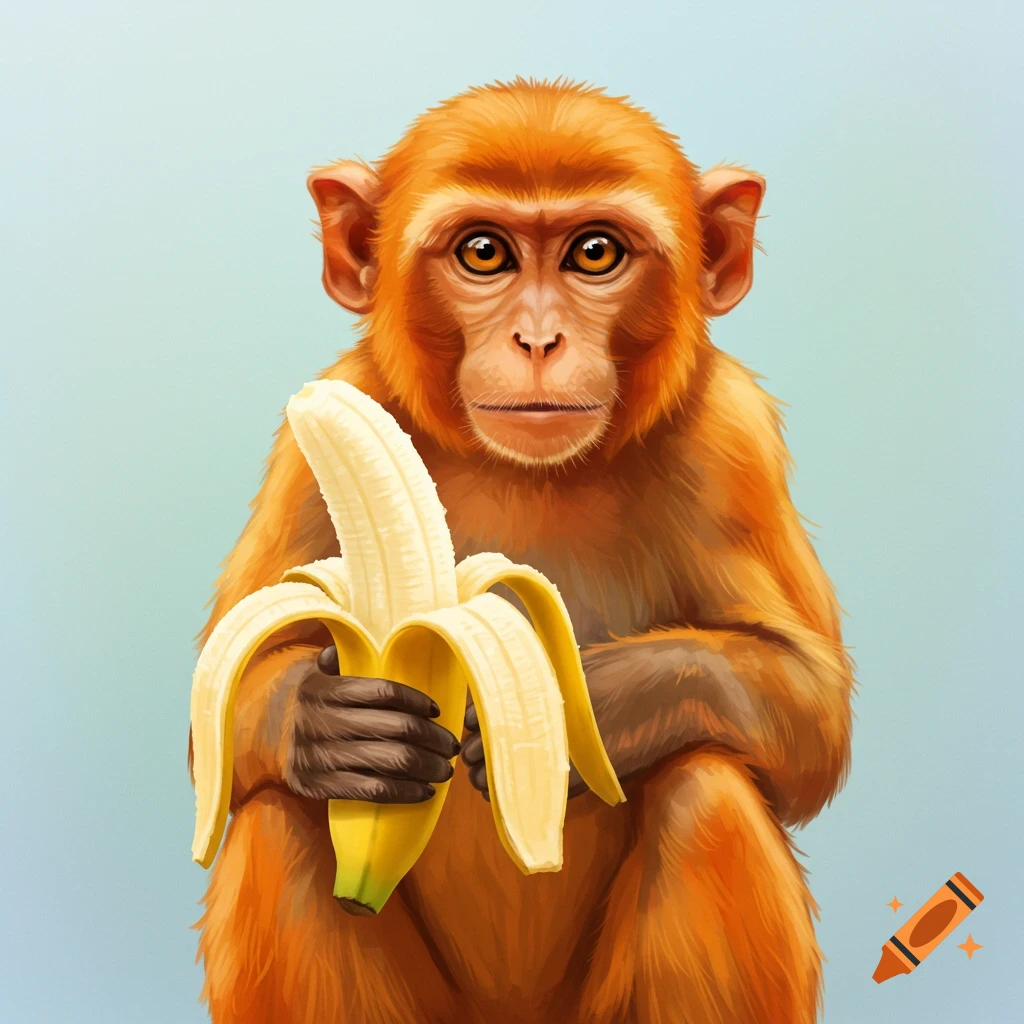 Illustrated portrait of a monkey holding a peeled banana.