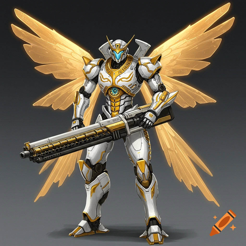 A white and gold mecha robot with glowing golden wings stands holding a large rail cannon.