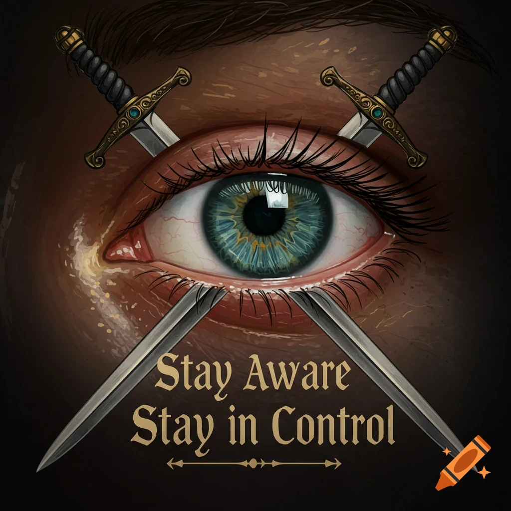 Detailed illustration of an eye with two crossed swords behind it, and text 'Stay Aware Stay in Control' below.