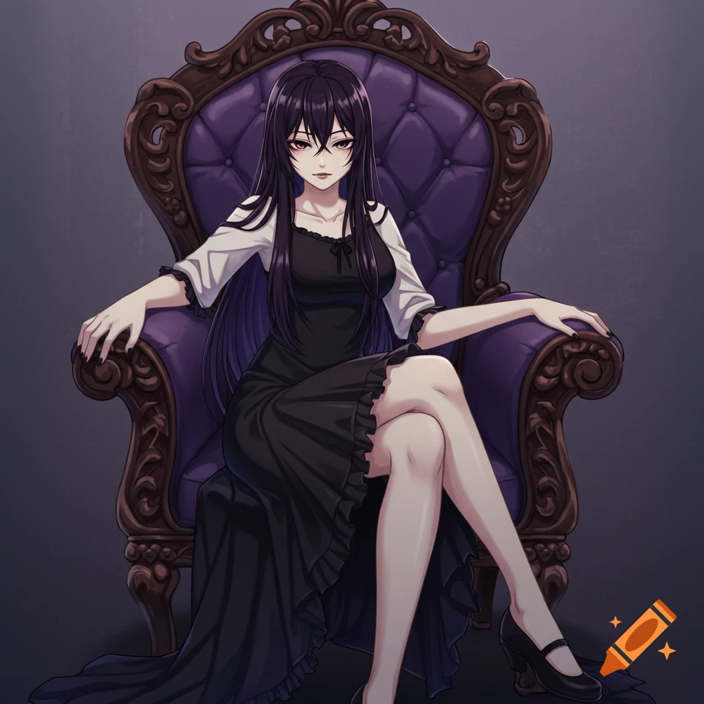 Anime woman in gothic dress sitting on a purple throne-like chair