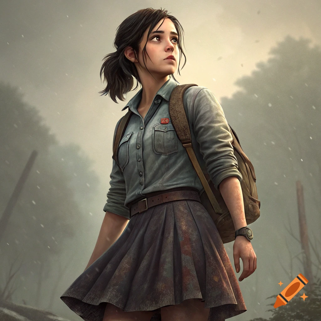 A young woman with a backpack looks up in a misty, snowy, post-apocalyptic setting. Digital art.