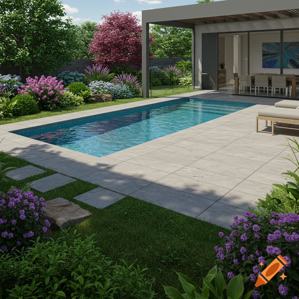 Photorealistic view of a modern backyard with a rectangular swimming pool, patio with furniture, and lush landscaping.