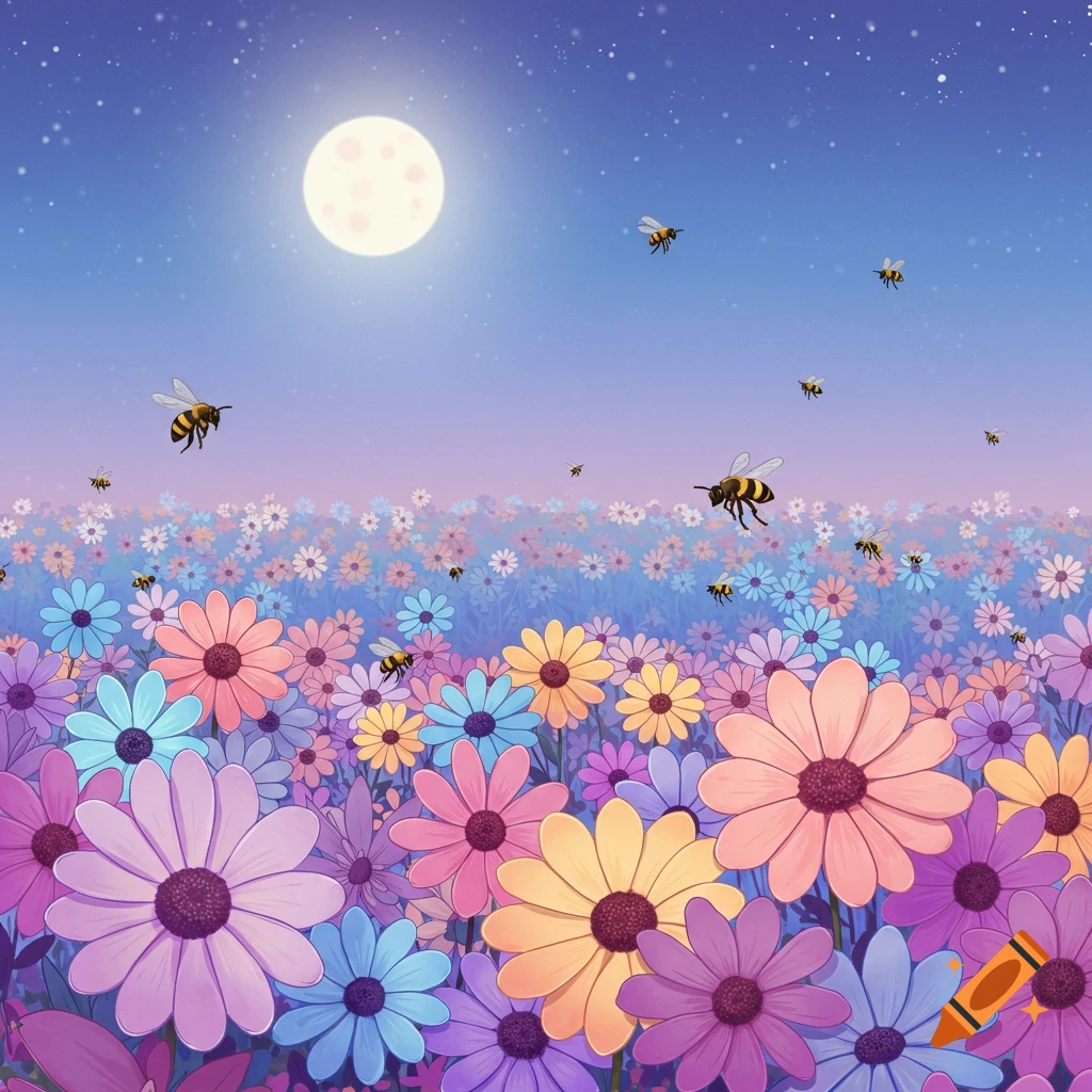 A vibrant field of pink, purple, blue, and yellow flowers under a night sky with a full moon and flying bees.