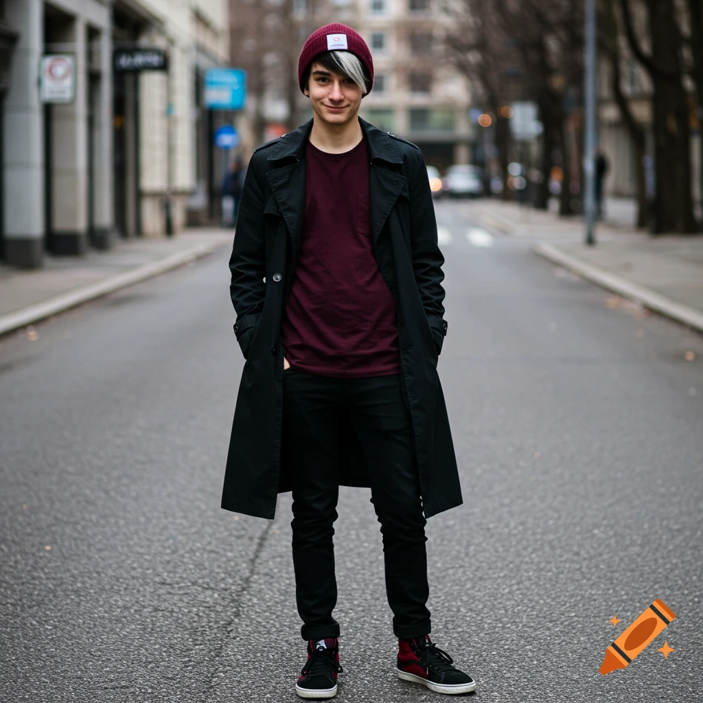 Young man in black trench coat and beanie on a street.