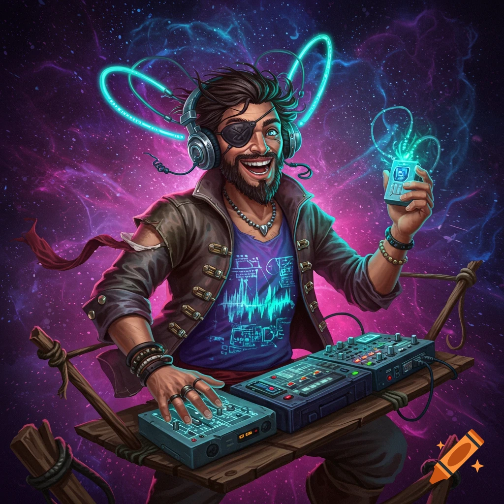 Stylized illustration of a futuristic pirate DJ with an eye patch playing music on tech devices in space.