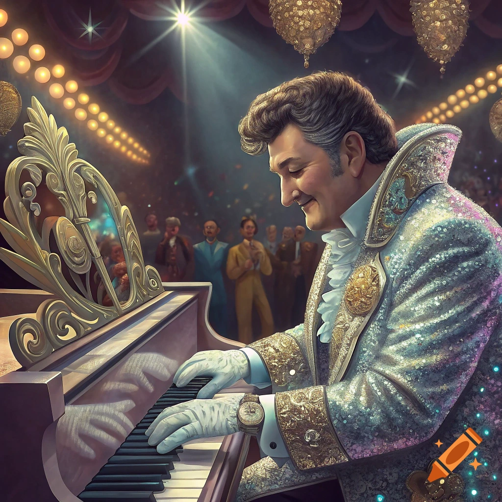 Man in a sparkly suit playing a piano on a brightly lit stage.