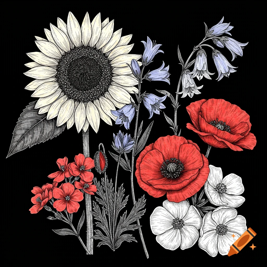 An illustration of sunflowers, poppies, and bluebells on a black background.