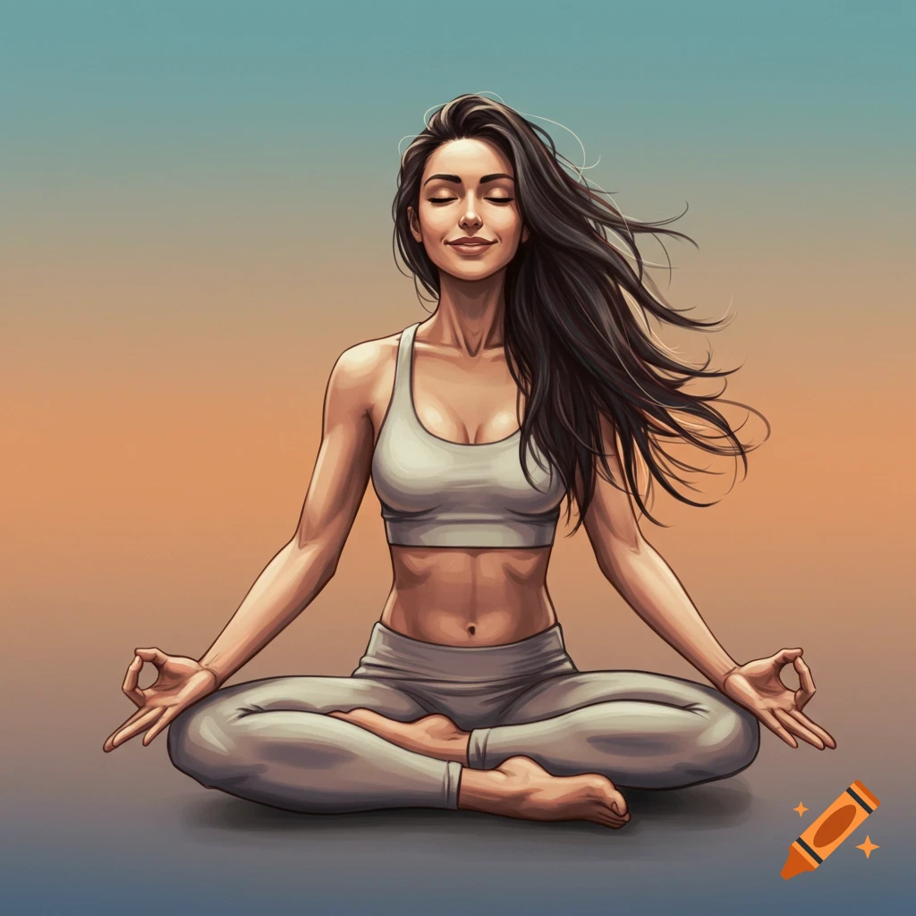 An illustration of a woman doing a yoga lotus pose with wind in her hair.