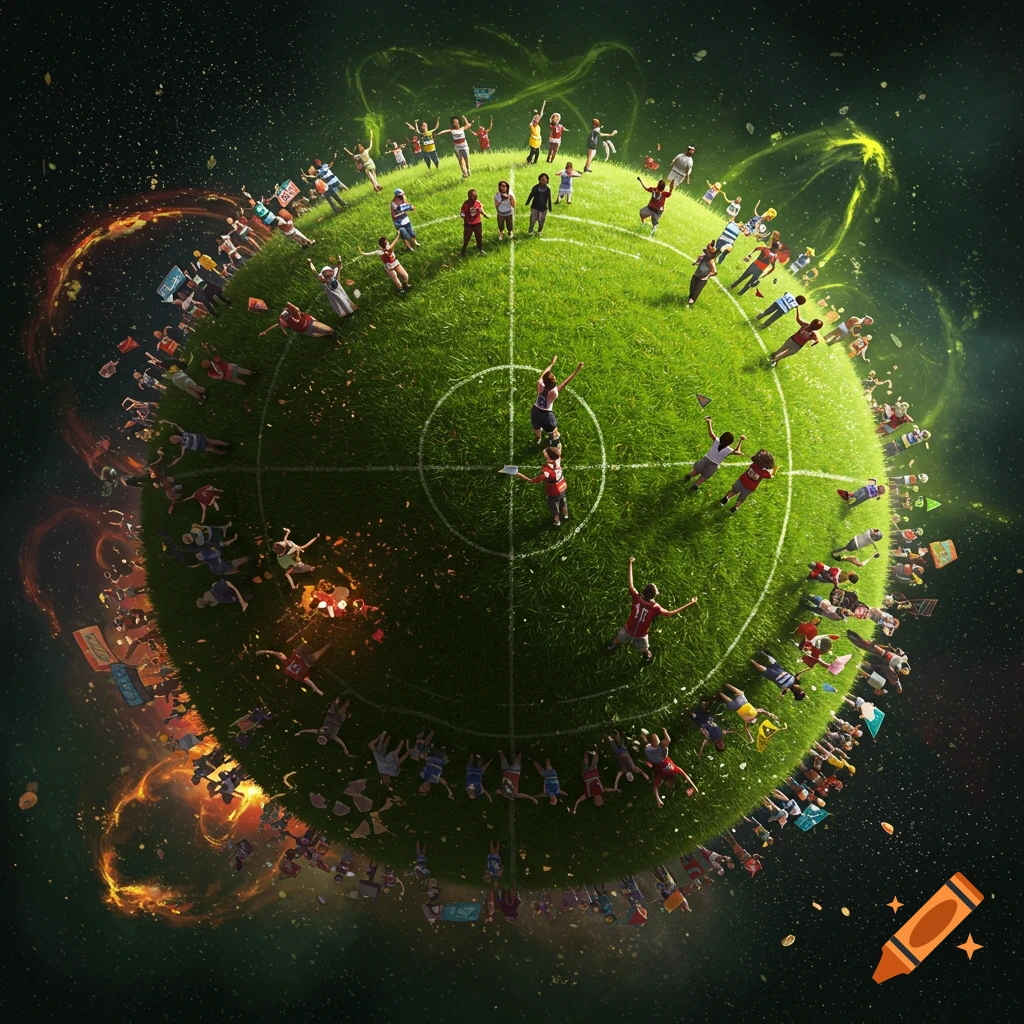 A football field covers a small planet, filled with people cheering and celebrating.