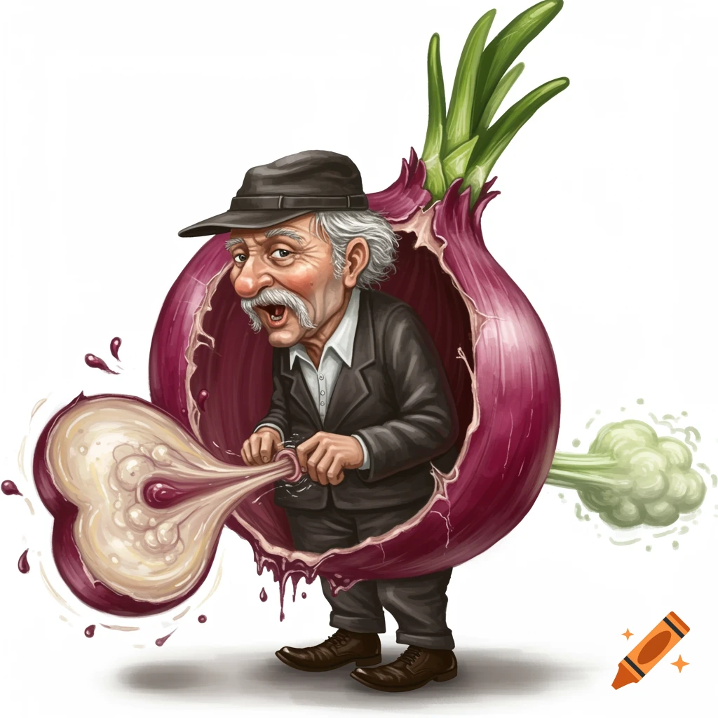 Cartoon illustration of an old man inside a giant red onion, pulling out layers while a green cloud emerges from the back.
