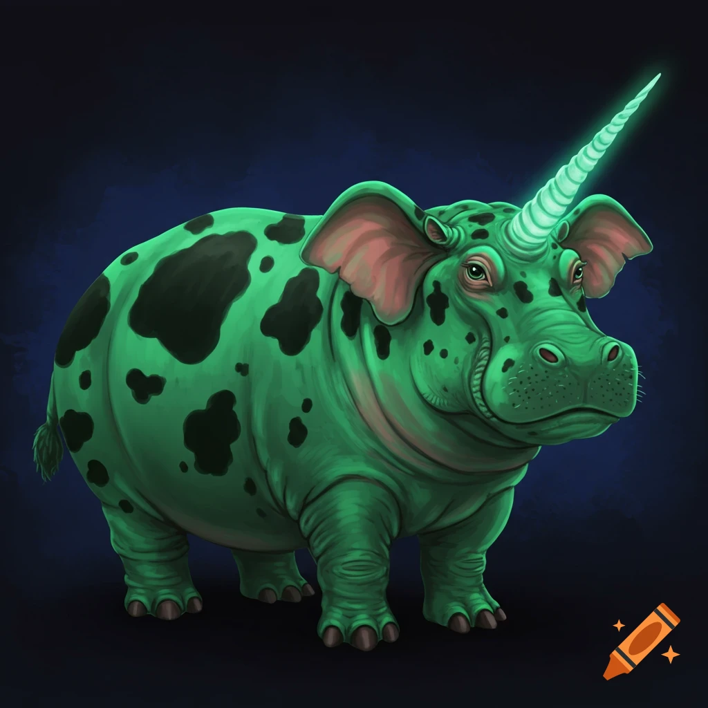 A green spotted creature with a hippo body, elephant ears and trunk, cow face, and a glowing unicorn horn.