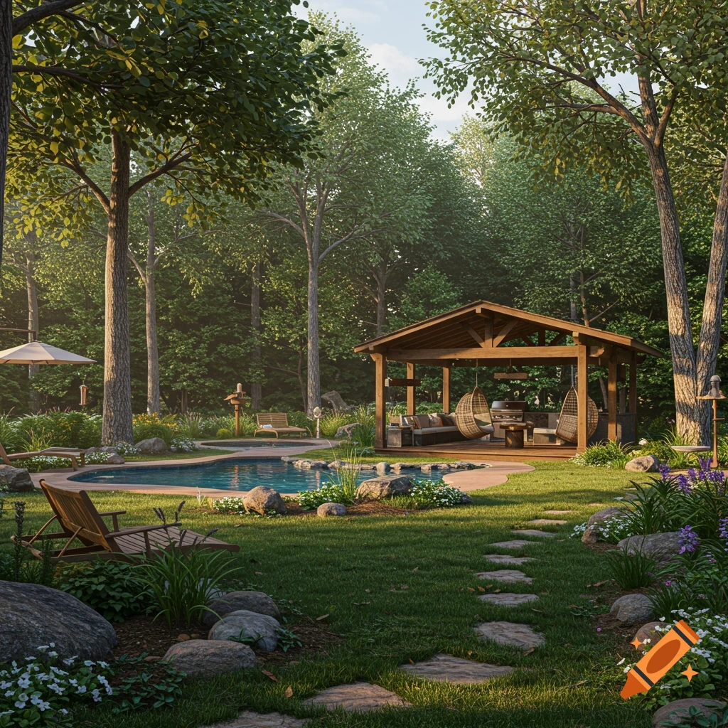 Photorealistic image of a landscaped backyard with a pool, gazebo, and path.