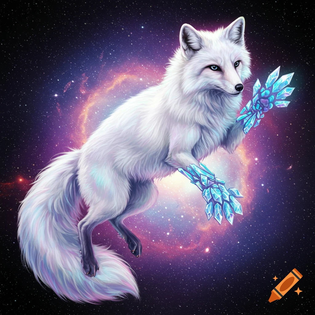 White fox with blue crystalline paws floating in space with nebula background.