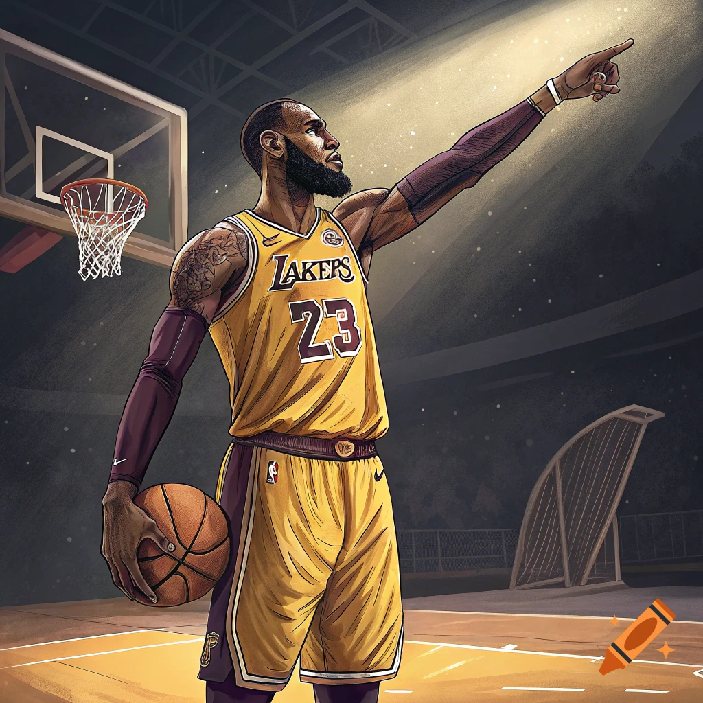 Illustration of Lebron James in a Lakers uniform holding a basketball and pointing, on a basketball court.