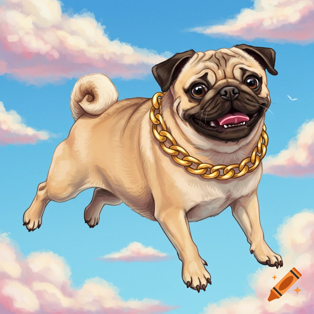 An illustration of a pug dog wearing a gold chain and flying through a blue sky with pink and white clouds.