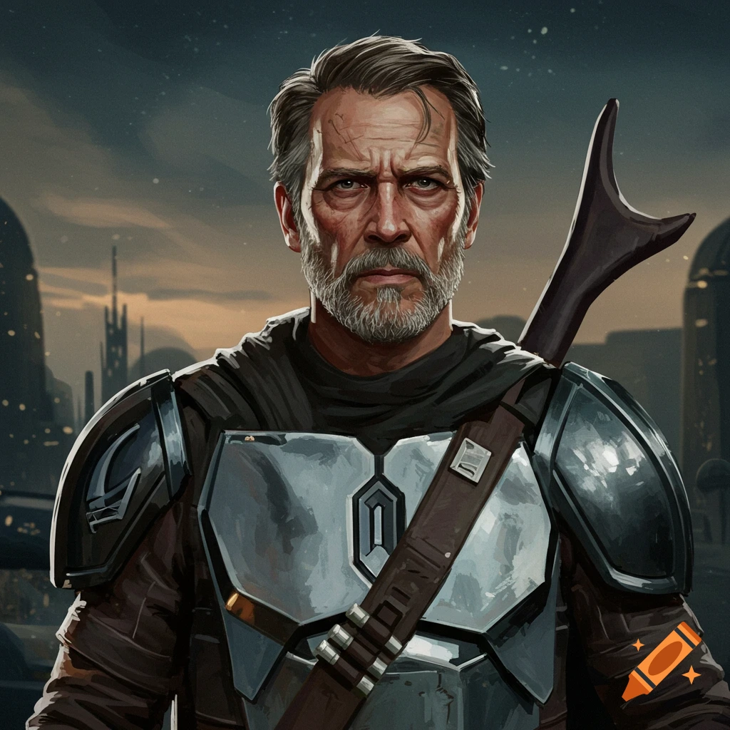 Illustrative portrait of a middle-aged man in sci-fi armor and cape, with a beard and weapon, against a city backdrop.
