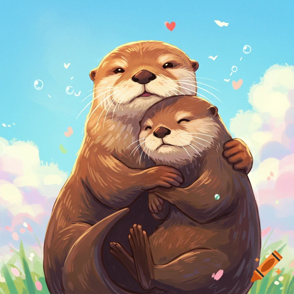 Illustration of two brown otters hugging under a blue sky with hearts.